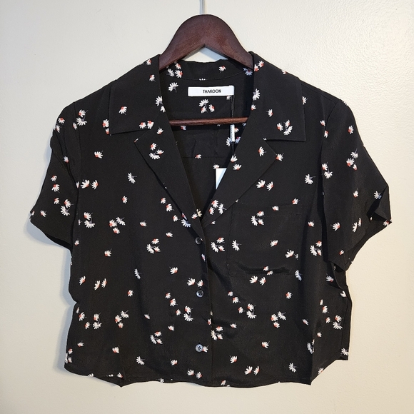 Thakoon Shirt Button Down Cropped Short Sleeve BP Black Daisy Blouse Casual - Picture 2 of 9